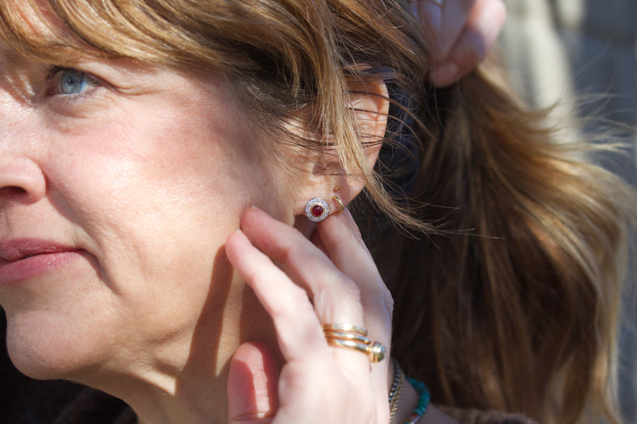 Ruby Stud Earrings with Diamond Halo