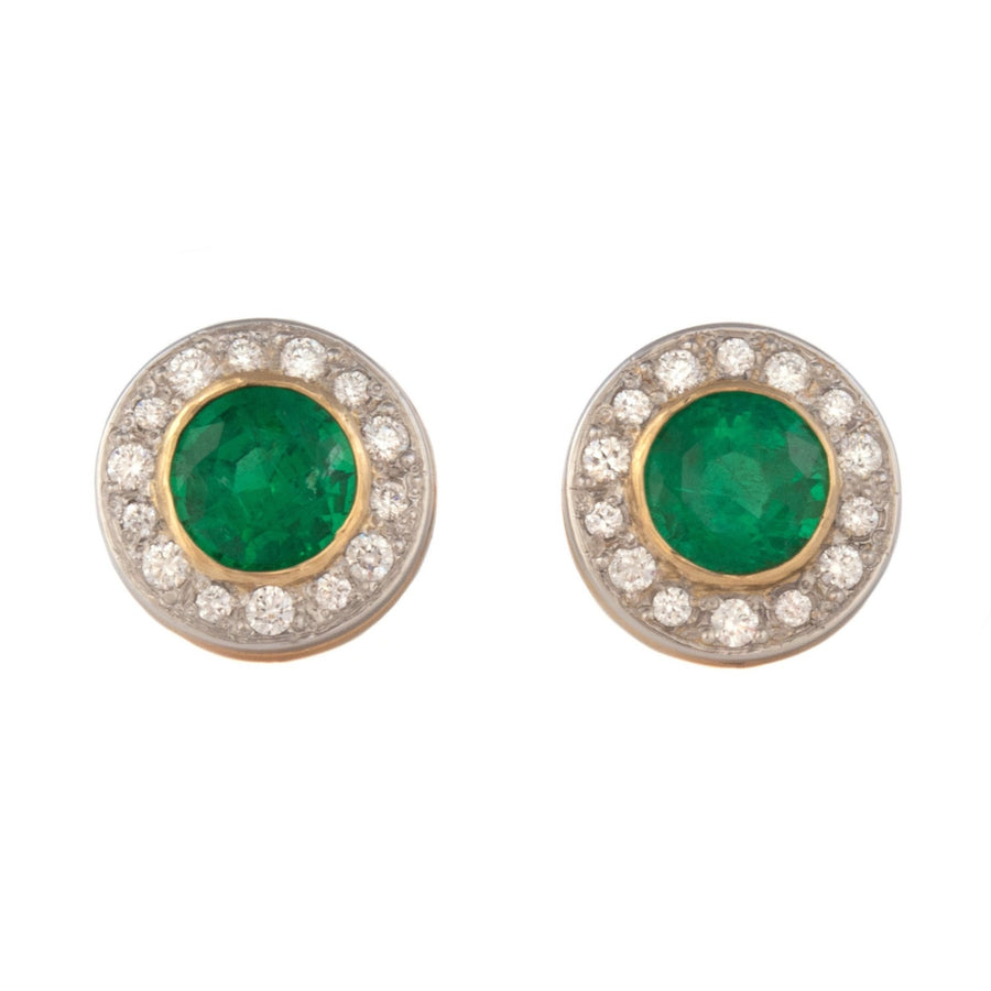 Emerald Stud Earrings with Diamond Halo