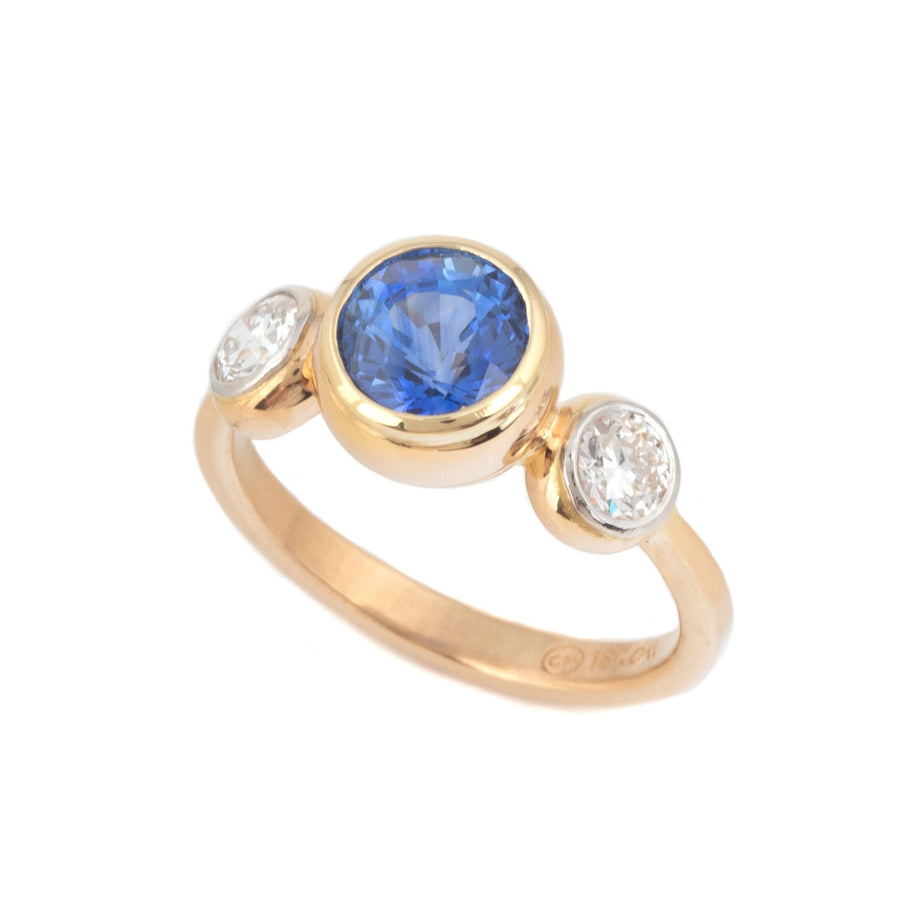 Blue Sapphire & European Cut Diamond Ring
