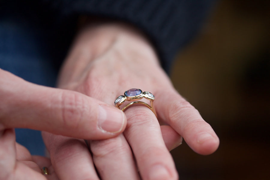Blue Sapphire & Diamond Lunette Style Ring