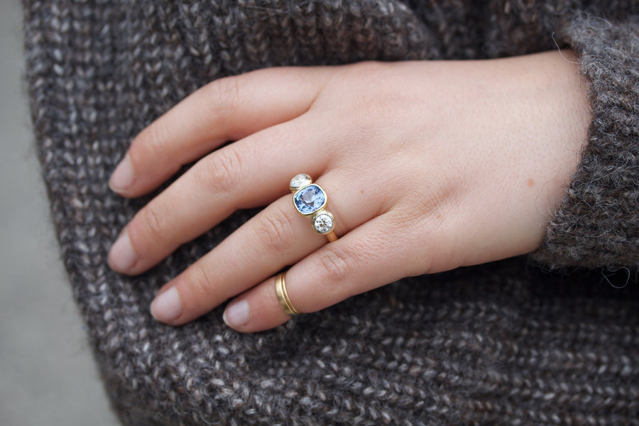 Blue Sapphire & Diamond Lunette Style Ring