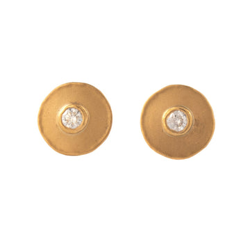 22K Disk Stud Earrings with Round Brilliant Diamonds
