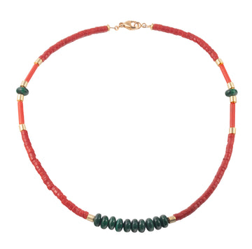 Coral, Malachite & High Karat Gold Beaded Necklace