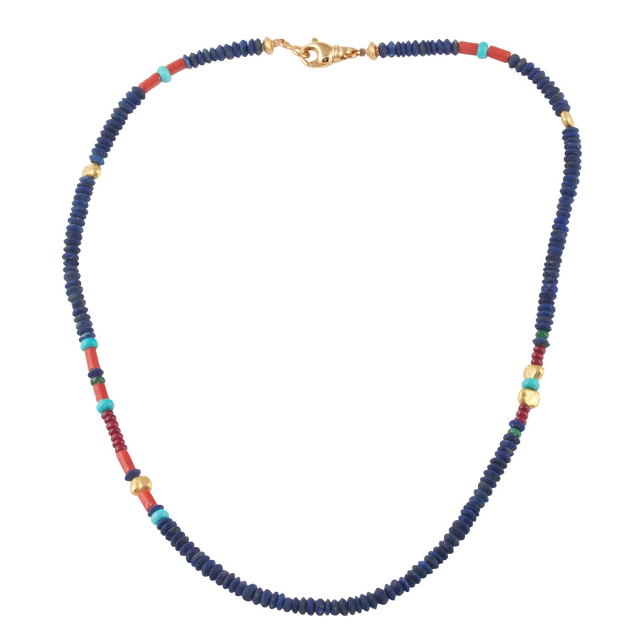 Lapis Lazuli, Coral, Turquoise, Ruby, Emerald & High Karat Gold Beaded Necklace