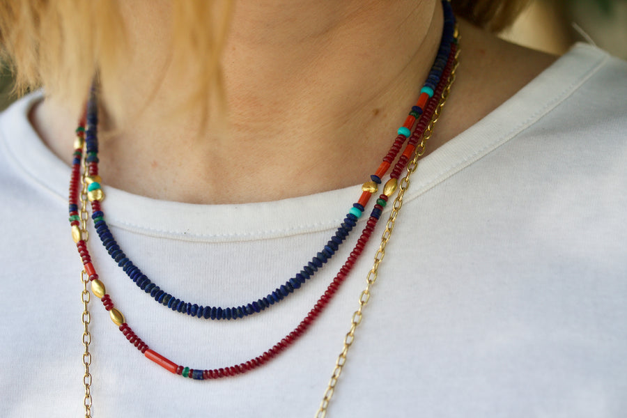 Lapis Lazuli, Coral, Turquoise, Ruby, Emerald & High Karat Gold Beaded Necklace