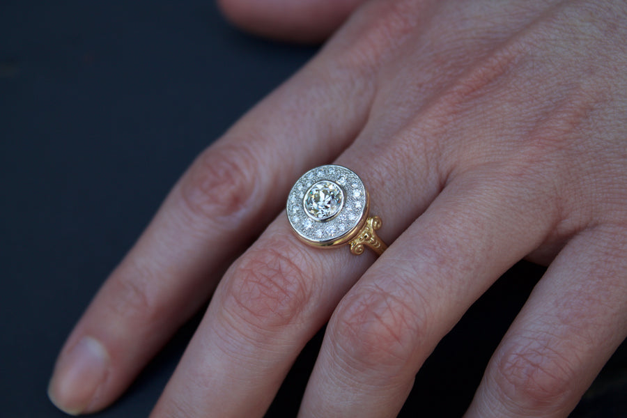 Old Mine Cut Ring with Bead-Set Surrounding Diamonds