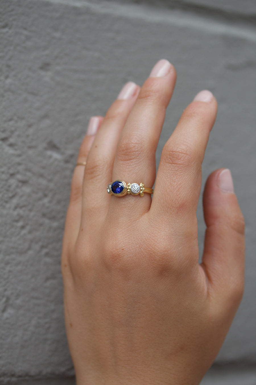 Blue Sapphire & Old Mine Cut Diamond Ring
