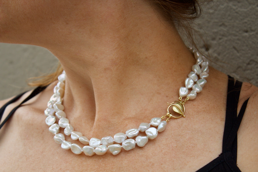 Forged Leaf Clasp with a Double Strand of White Freshwater Baroque Pearls