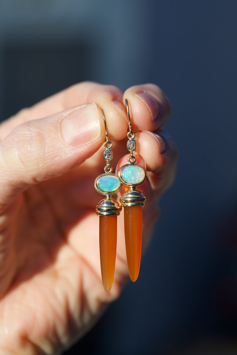 Opal, Carnelian, and Old Mine Cut Diamond Earrings